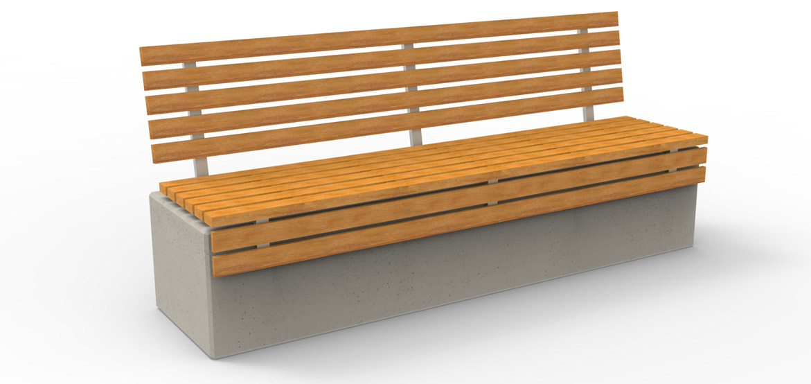 Ławka z betonu architektonicznego z wygodnym drewnianym siedziskiem bez oparcia, wykonana przez producenta betonowych mebli miejskich.