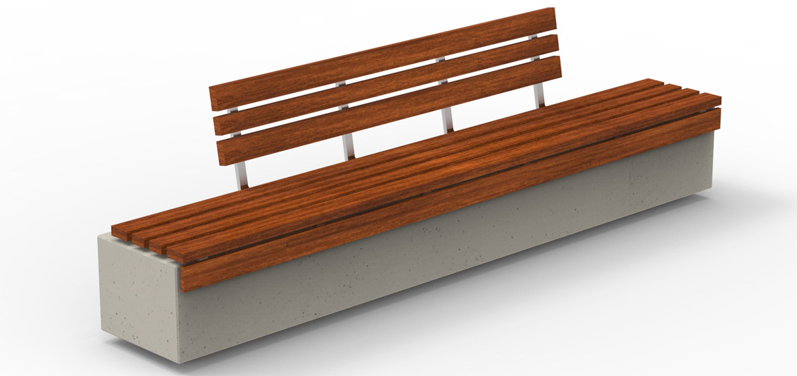 Nowoczesna ławka w kalsycznym stlu. Betonowa ławka z siedziskiem oraz oparciem z drewna iglastego. Od producenta betonowych mebli miejskich