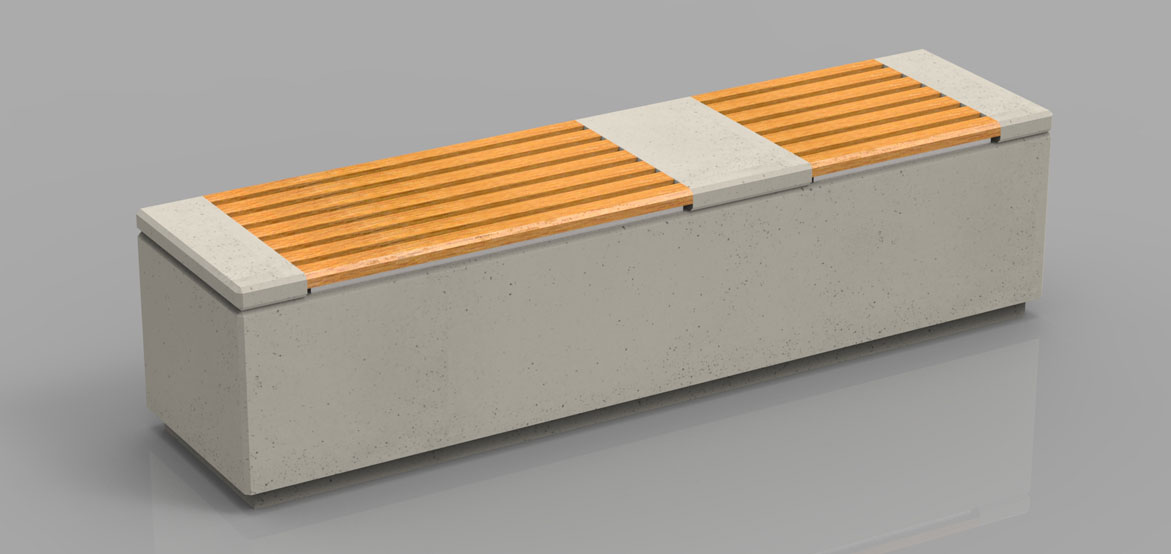 Zewnętrzna ławka betonowa z drewnianym siedziskiem wykonana z betonu architektonicznego, od producenta małej architektury betonowej.