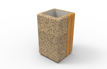 Kwadratowa donica betonowa wykonana w technologii betonu płukanego, ozdobiona drewnianymi elementami.