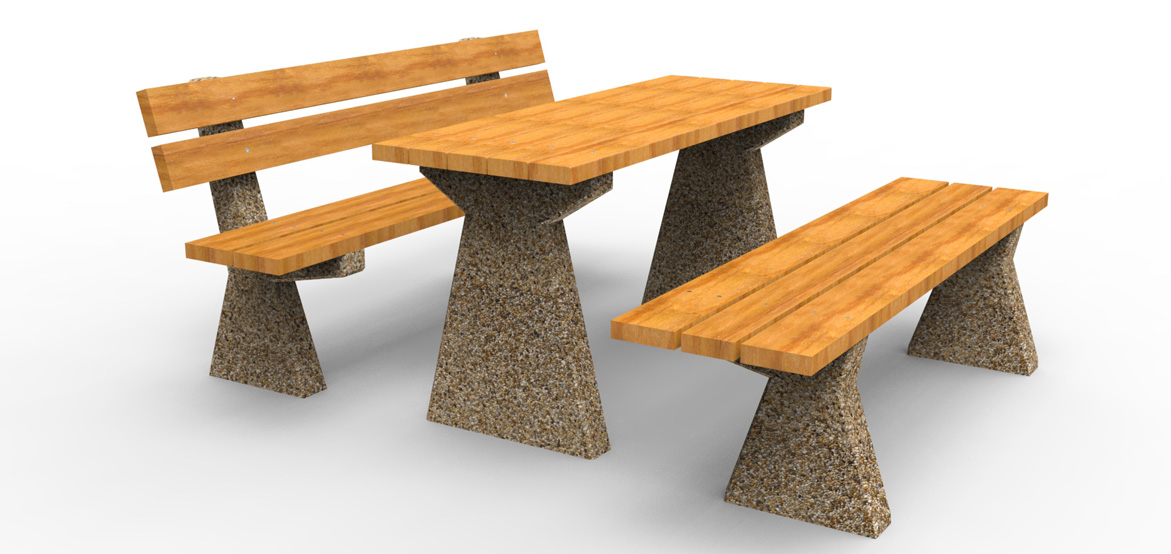 Dwie ławki POLA z oparciem oraz stół parkowo - piknikowy. Wykonane w technologii betonu płukanego.