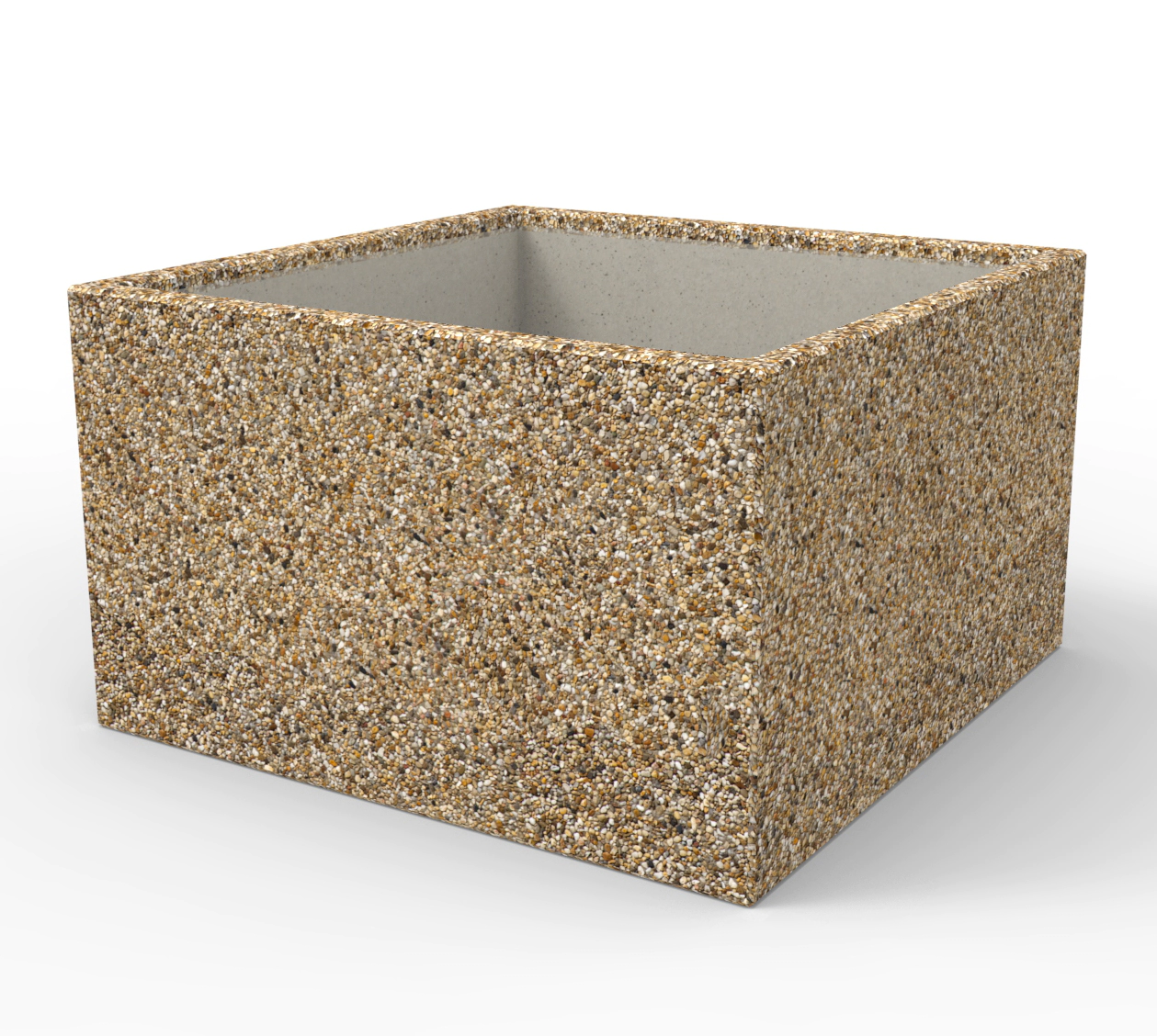 Duże kwadratowe donice betonowe, wykonane wtechnologii betonu płukanego dostępne w szerokiej ofercie koloystycznej kolorów kruszyw naturalnych.